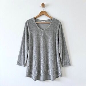 Pure Jill Gray Velour V-Neck Tunic Top Pima Cotton Modal Blend Large Loose